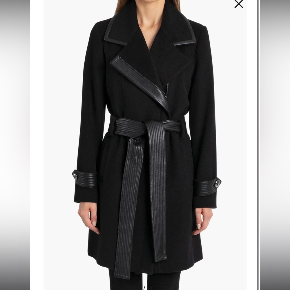 Badgley Mischka Collection Faux Leather Trim Wool Blend Coat